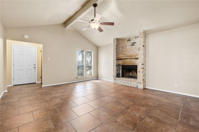 unfurnished living room featuring a brick fireplace, a ceiling fan, baseboards, and vaulted ceiling with beams