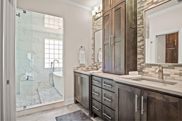 bathroom with vanity, shower with separate bathtub, crown molding, and tasteful backsplash