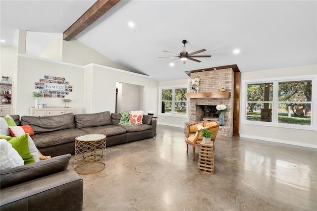 living room with concrete flooring, ceiling fan, a fireplace, and lofted ceiling with beams