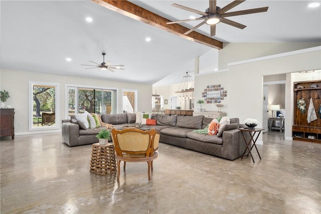 living room featuring beam ceiling, ceiling fan, high vaulted ceiling, and concrete flooring