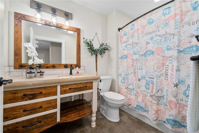 bathroom with vanity, concrete floors, toilet, and curtained shower