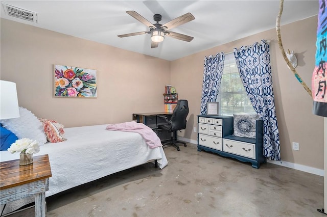 bedroom featuring ceiling fan and concrete flooring