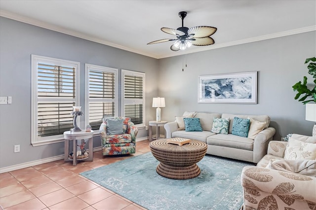 living room with ornamental molding, ceiling fan, and light tile patterned floors