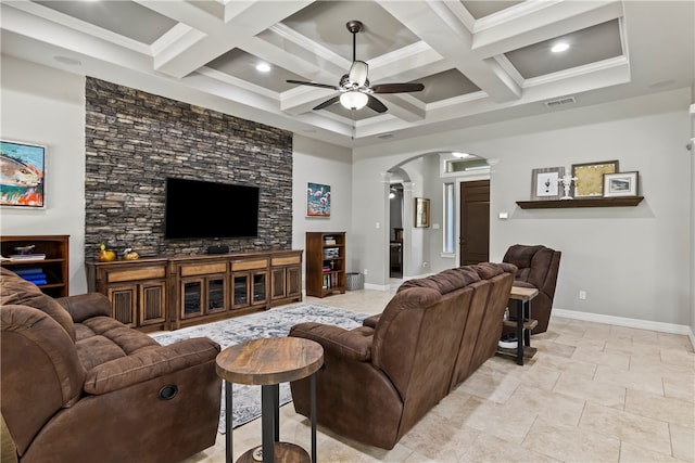 living room with ceiling fan, beamed ceiling, ornamental molding, and coffered ceiling