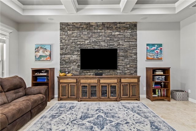 tiled living room with beamed ceiling and crown molding