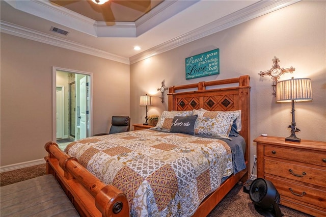 3918 Willow Heights Dr, Corpus Christi, TX 78410 - carpeted bedroom with ornamental molding, a tray ceiling, and ensuite bathroom
