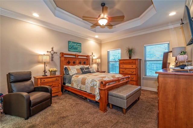 3918 Willow Heights Dr, Corpus Christi, TX 78410 - bedroom featuring carpet flooring, crown molding, a tray ceiling, and recessed lighting