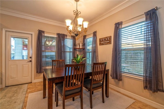 3918 Willow Heights Dr, Corpus Christi, TX 78410 - dining area with a chandelier, crown molding, healthy amount of natural light, and light tile patterned floors