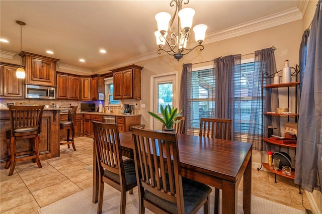 3918 Willow Heights Dr, Corpus Christi, TX 78410 - dining space with a chandelier, crown molding, light tile patterned flooring, and recessed lighting