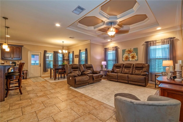 3918 Willow Heights Dr, Corpus Christi, TX 78410 - living area with crown molding, a chandelier, ceiling fan, and coffered ceiling