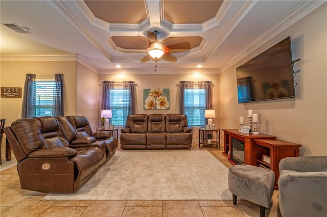3918 Willow Heights Dr, Corpus Christi, TX 78410 - living room with ceiling fan, ornamental molding, and coffered ceiling