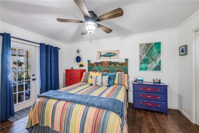 bedroom featuring access to exterior, ceiling fan, dark hardwood / wood-style flooring, and ornamental molding