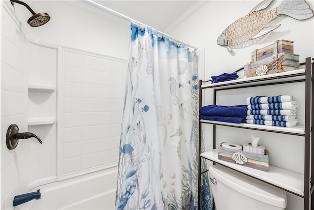 bathroom with crown molding, shower / bath combination with curtain, and toilet