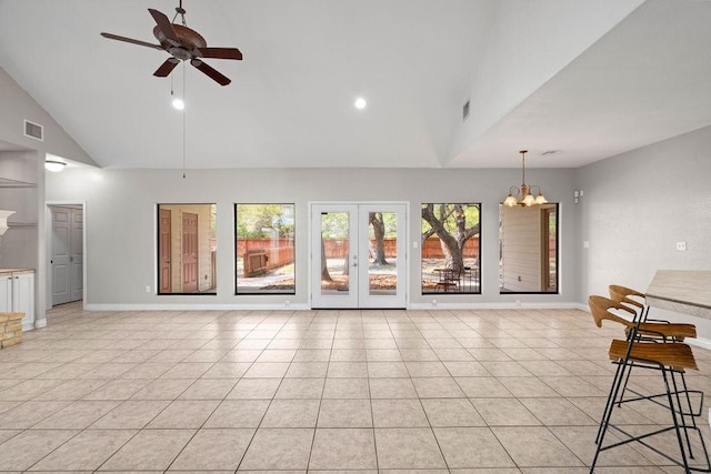 2214 N Mccampbell St, Aransas Pass, TX 78336 - living room featuring a chandelier, light tile patterned floors, ceiling fan, high vaulted ceiling, and recessed lighting