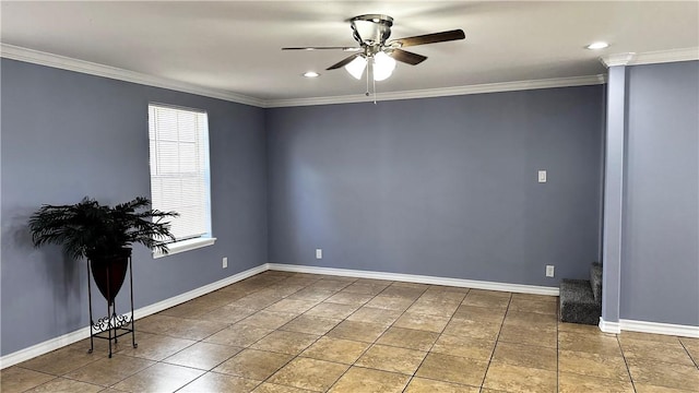 tiled spare room with baseboards, recessed lighting, a ceiling fan, and crown molding