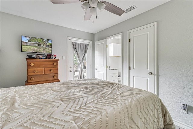 bedroom with ceiling fan, access to exterior, and connected bathroom