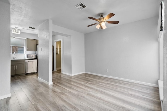 unfurnished living room with ceiling fan, sink, and light hardwood / wood-style floors