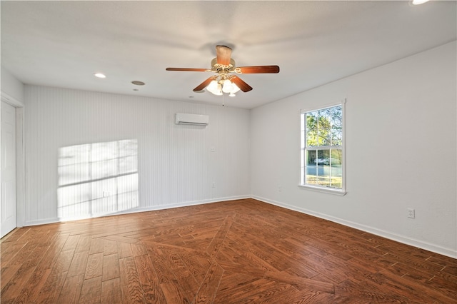 unfurnished room with a wall unit AC, ceiling fan, and dark wood-type flooring