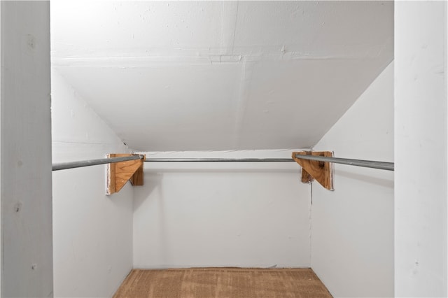 spacious closet featuring carpet flooring and lofted ceiling