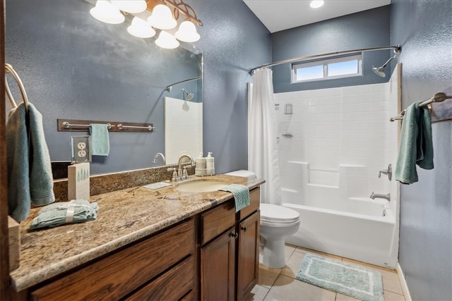 full bath featuring vanity, tile patterned flooring, toilet, and shower / bathtub combination with curtain