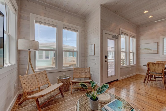 sunroom with wood ceiling