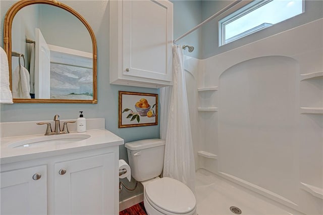 bathroom featuring vanity, toilet, and curtained shower