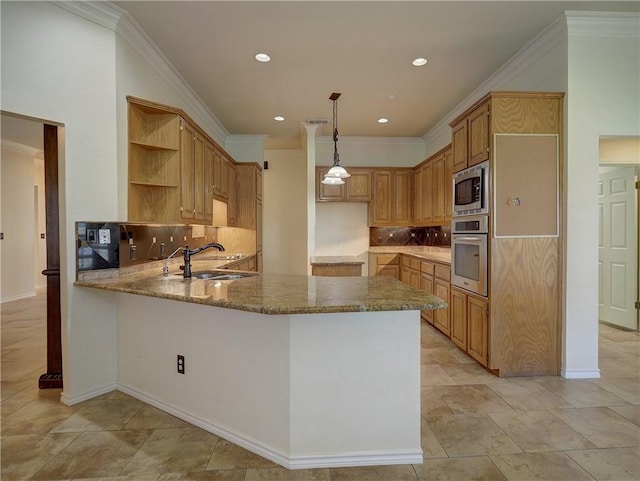 kitchen with a peninsula, a sink, appliances with stainless steel finishes, light stone countertops, and open shelves