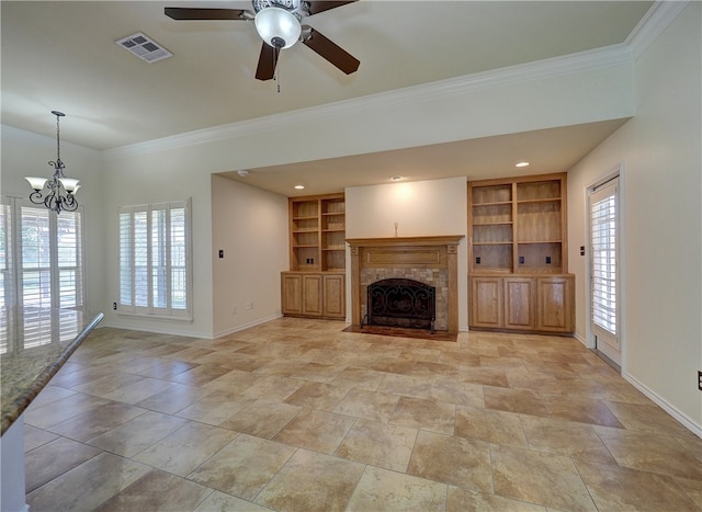 unfurnished living room featuring plenty of natural light, a fireplace with flush hearth, visible vents, and baseboards