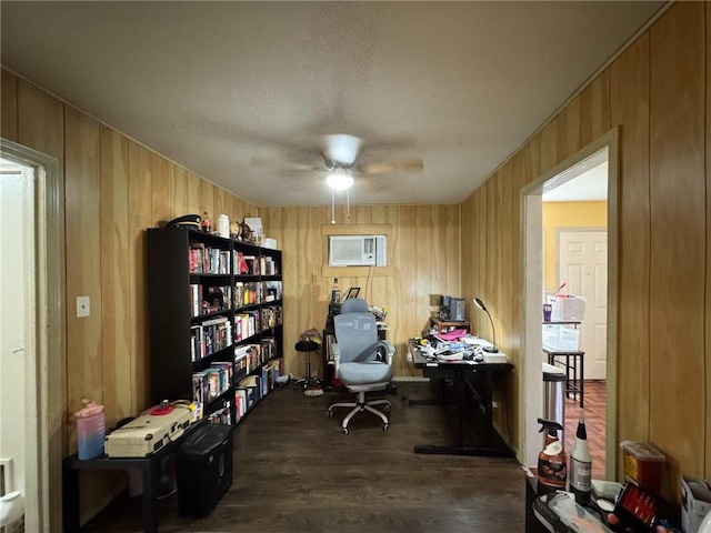 769 W Cornelia, Corpus Christi, TX 78408 - office area featuring ceiling fan, wooden walls, dark wood-style floors, a textured ceiling, and a wall mounted air conditioner