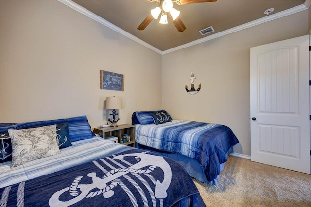 bedroom with ceiling fan, carpet flooring, and ornamental molding