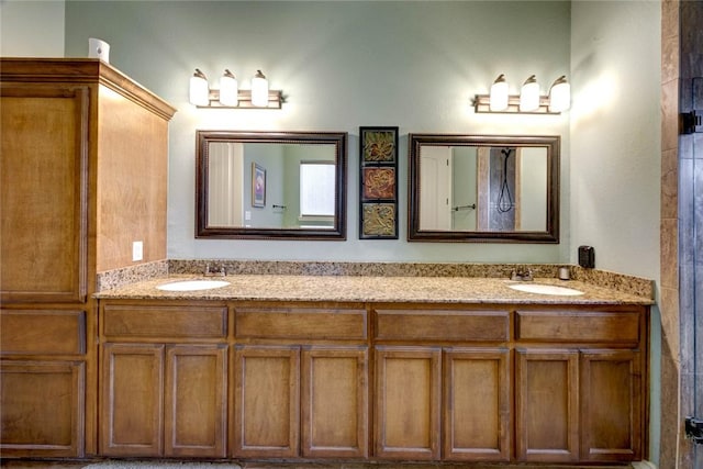 bathroom featuring walk in shower and vanity