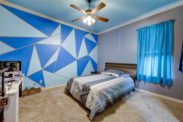 carpeted bedroom with ceiling fan and ornamental molding