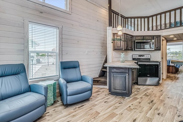 kitchen featuring stainless steel appliances, a towering ceiling, light wood-type flooring, and dark brown cabinetry