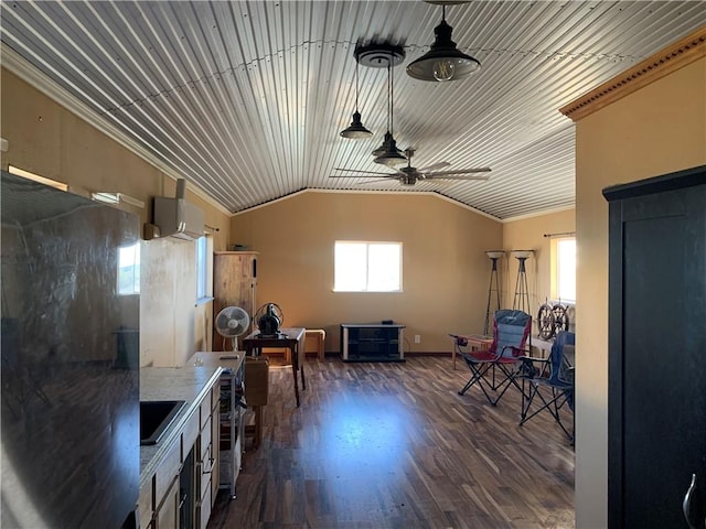 interior space featuring ceiling fan, dark hardwood / wood-style flooring, sink, and vaulted ceiling