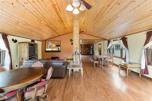 dining space featuring lofted ceiling, light wood-type flooring, ceiling fan, and wooden ceiling