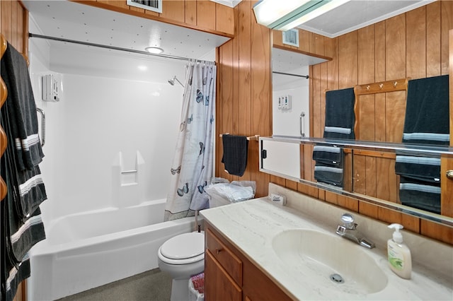 full bathroom with shower / bath combination with curtain, ornamental molding, vanity, wooden walls, and toilet