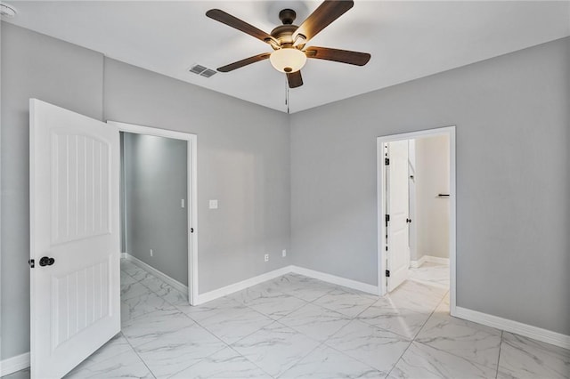4122 Nadia Dr, Corpus Christi, TX 78414 - empty room featuring baseboards, visible vents, marble finish floor, and a ceiling fan