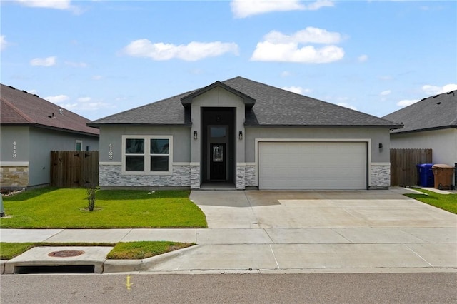 4122 Nadia Dr, Corpus Christi, TX 78414 - view of front of home featuring fence, stone siding, driveway, stucco siding, and a front yard