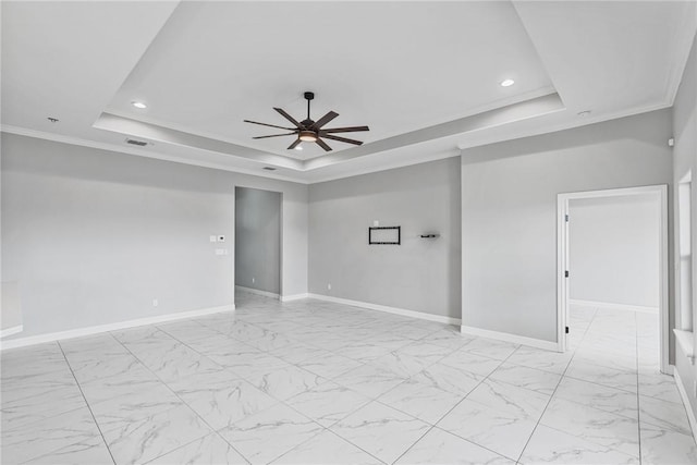 4122 Nadia Dr, Corpus Christi, TX 78414 - empty room featuring a tray ceiling, ceiling fan, marble finish floor, and recessed lighting