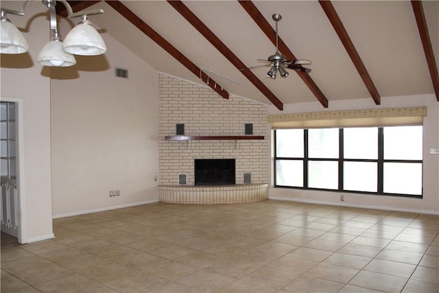 unfurnished living room featuring a fireplace, ceiling fan, high vaulted ceiling, beamed ceiling, and light tile patterned flooring