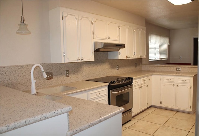 kitchen with sink, stainless steel electric range oven, white cabinets, and decorative light fixtures