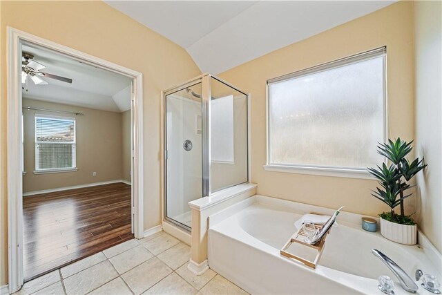 5909 Sutherland Dr, Corpus Christi, TX 78414 - full bathroom featuring a garden tub, a shower stall, tile patterned floors, and a ceiling fan