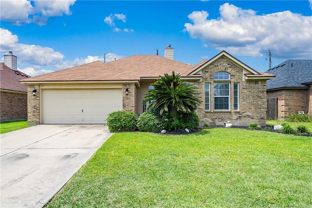 5909 Sutherland Dr, Corpus Christi, TX 78414 - ranch-style house featuring brick siding, a garage, concrete driveway, and a chimney