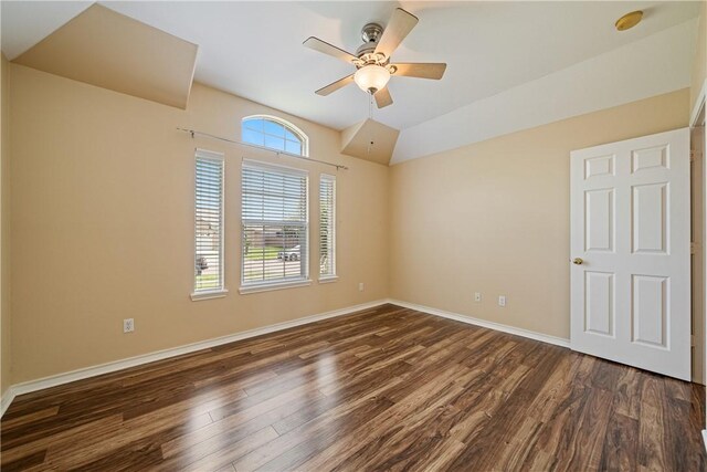 5909 Sutherland Dr, Corpus Christi, TX 78414 - unfurnished room with dark wood-style floors, ceiling fan, a smoke detector, and vaulted ceiling