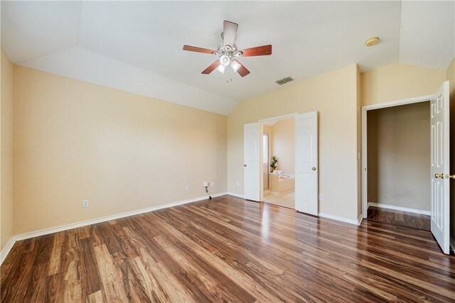 5909 Sutherland Dr, Corpus Christi, TX 78414 - unfurnished bedroom with lofted ceiling, wood finished floors, ensuite bathroom, and ceiling fan