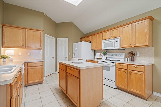 5909 Sutherland Dr, Corpus Christi, TX 78414 - kitchen with white appliances, light tile patterned floors, tasteful backsplash, a kitchen island, and lofted ceiling