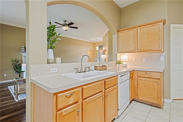 5909 Sutherland Dr, Corpus Christi, TX 78414 - kitchen featuring dishwasher, light brown cabinetry, ceiling fan, a peninsula, and light countertops