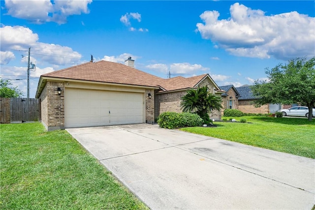 5909 Sutherland Dr, Corpus Christi, TX 78414 - ranch-style house featuring brick siding, driveway, an attached garage, and a chimney