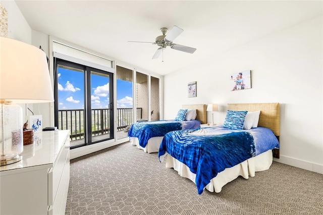 bedroom with carpet flooring, access to outside, and ceiling fan