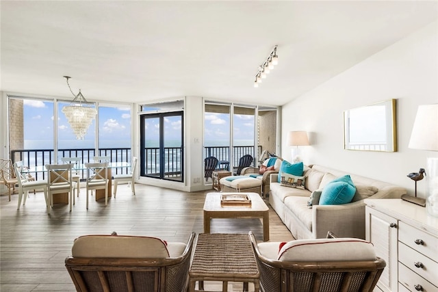 living room with a water view, wood-type flooring, and a healthy amount of sunlight